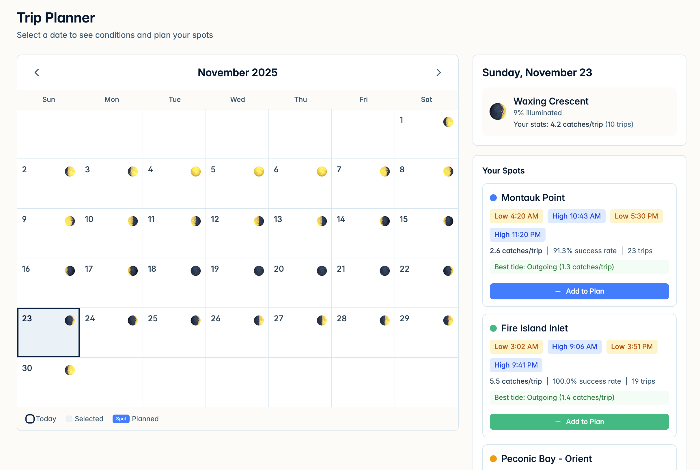 Trip Planner showing calendar with moon phases and spot conditions